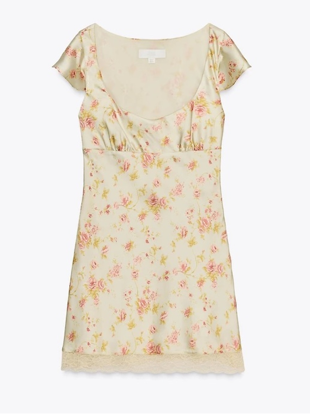 Zara Yellow Floral Satin Lace-Trim Short Sleeve Mini Dress